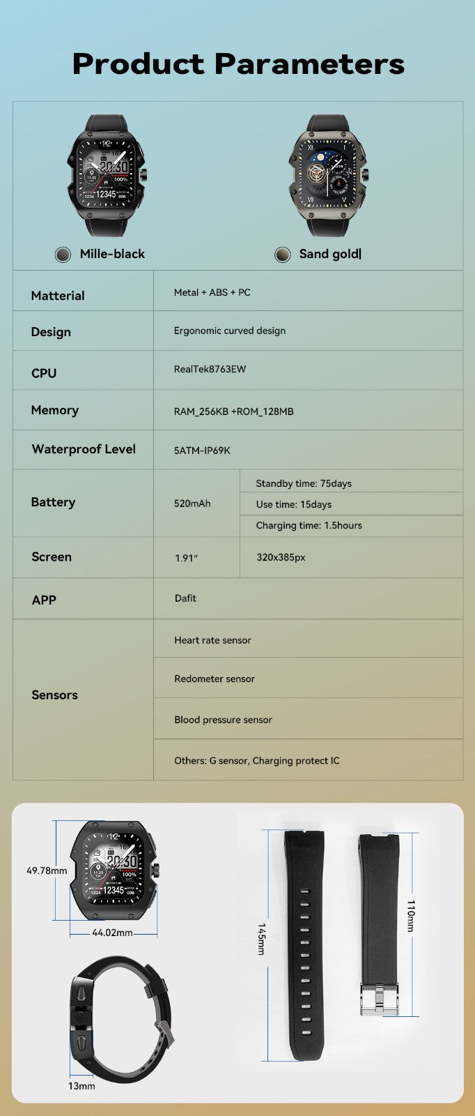 Rugged sports smart watch 1.91 inch 520mAH multi-scene sports mode_5