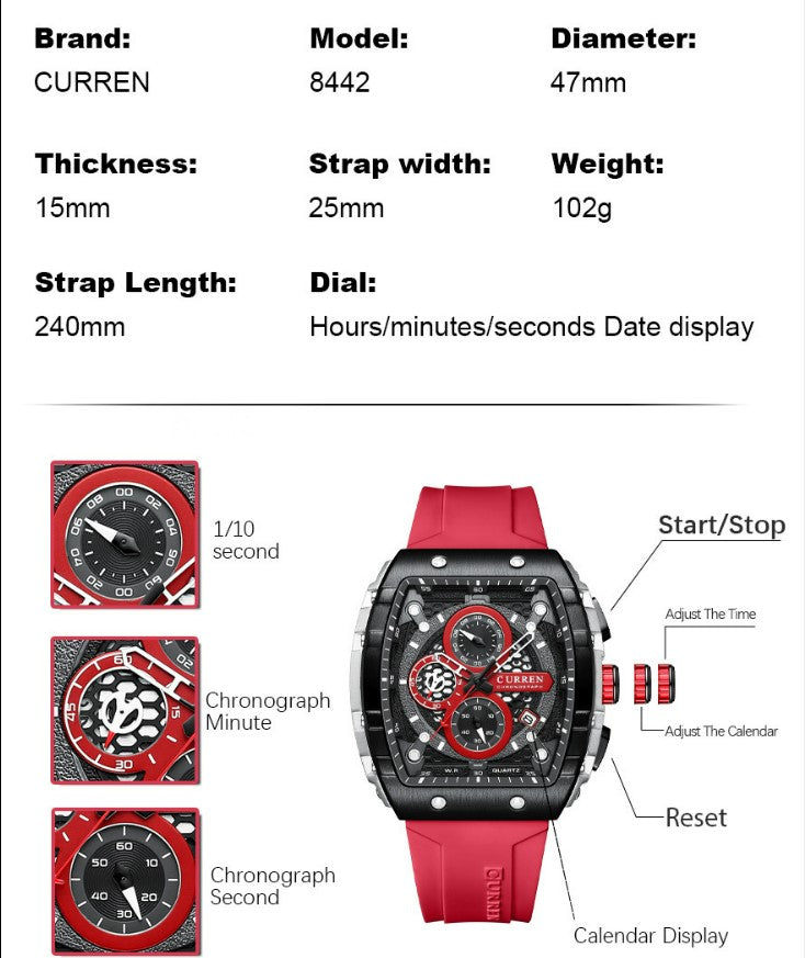 CURREN 8442 Men's Waterproof Six Needle Quartz  Multifunctional Watch Men's Watch - Black_2